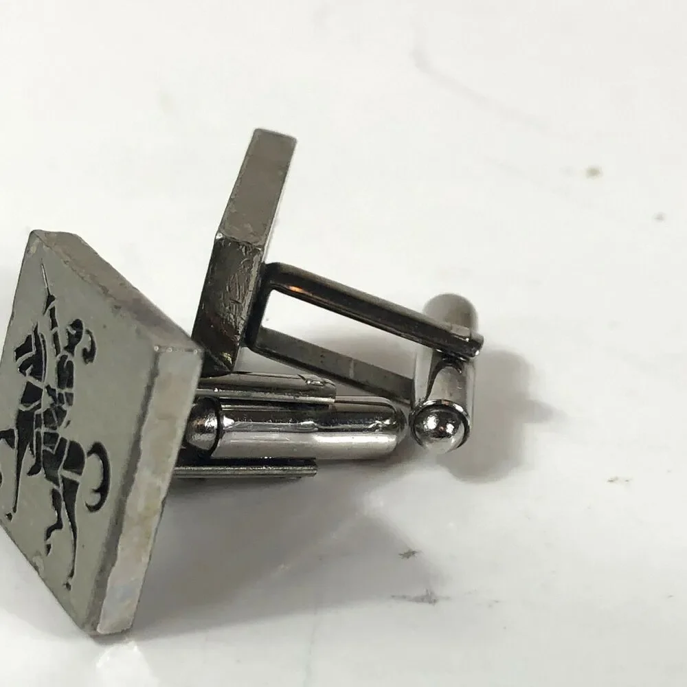 Vintage Knight Jousting Horseman Cufflinks Silver Tone Square Medieval Theme